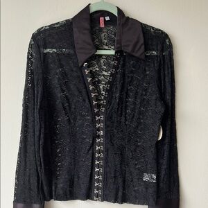 Vintage Black Lace Blouse with Satin Collar